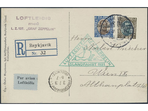 Iceland. Facit 163–64 on cover, Postcard franked with Zeppelin overprint on 1 and 2 Kr sent registered to Vienna 1931. With green triangular LUFTSCHIFF GRAF ZEPPELIN ISLANDSFAHRT 1931 cancel and transit cds alongside.