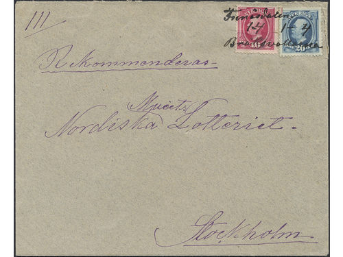 Sweden. Facit 54, 56, Z county. FUNÄSDALEN– BRUKSVALLARNA 1.4, Lantbrevbärarstämpel 2. Registered cover sent via FUNÄSDALEN 1.4.1900 to Stockholm. The 10 öre stamp is defective. Postal: 1200:-
