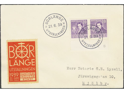 Sweden. Facit 320CB on cover, 1939 Royal Academy of Sciences 10 öre violet, pair 4+3. Cover cent from BORLÄNGE UTSTÄLLNINGEN 21.6.39, with decorative poster stamp, to Mjölby. SEK 2500