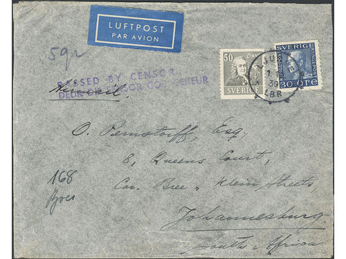 Sweden. Facit 323, 185 on cover, 15+50 öre on air mail cover sent from LJUSNE 1.12.39 to South Africa. Cancellation PASSED BY CENSOR DEUR DIE SENSOR GOE GEKEUR.