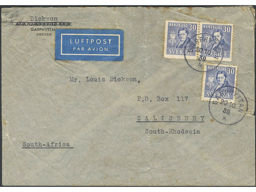 Sweden. Facit 322 on cover, 3×30 öre on air mail cover sent from GARPHYTTAN 20.10.39 to the self-governing British colony Southern Rhodesia (1923–1964). Very scarce destination.
