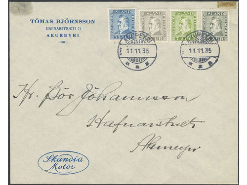 Iceland. Facit 212–15 on FDC, M Jochumsson FDC AKUREYRI 11.11.35. Stains in upper corners after tape. SEK 3000
