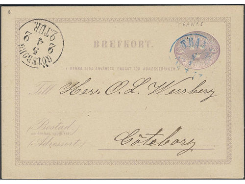 Sweden. Facit bKe2, F county. TRANÅS 4.4.1877. Cancel in blue colour. Very scarce, RR (= 1–2 recorded) according to SSPD.