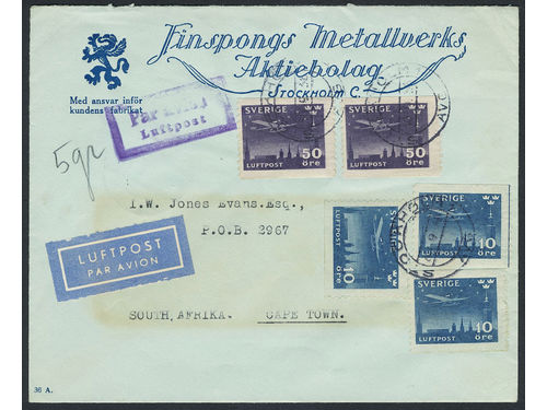 Sweden. Facit 231, 232 on cover, 3×10+2×50 öre on air mail cover sent from STOCKHOLM 30.9.36 to South Africa. Transit pmk BERLIN C 2.10.36.