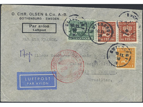 Sweden. Facit 233a, 168, 170 on cover, 2×115 öre + 1+5 kr on air mail cover sent from GÖTEBORG 10.11.36 to Brazil. Transit BERLIN-SASSNITZ (HAFEN) BAHNPOST ZUG 14 11.11.36 and arrival pmk RIO DE JANEIRO 15.XI.36.
