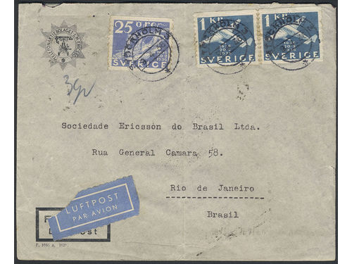 Sweden. Facit 257, 250 on cover, 25 öre + 2×1 kr on air mail cover sent from STOCKHOLM 3 9.4.36 to Brazil. Cancellations PARIS AVION 10.IV.1936, BOURGET PORT AERIEN SEINE 10.4.1936, CORREIO AEREO 18.ABR.1936 and RIO DE JANEIRO 18.IV.36.