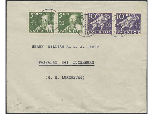 Sweden. Facit 246C, 247C on cover, 2×5+2×10 öre on cover sent from PKP 81 6.4.37 to Luxembourg. Scarce destionation.