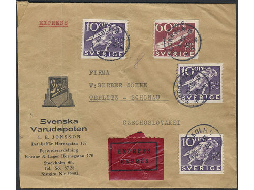 Sweden. Facit 247, 256 on cover, 3×10+60 öre on special delivery cover sent from STOCKHOLM 3.10.36 to Czechoslovakia. Arrival pmk TEPLITZ-SCHÖNAU 5.X.36. Scarce.