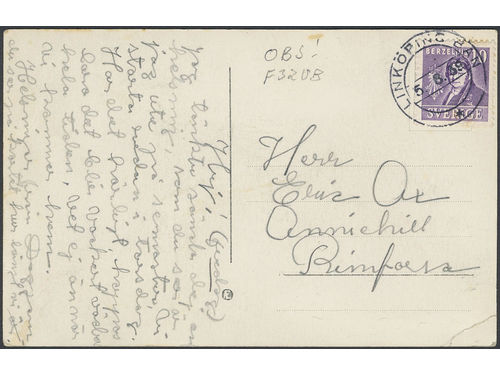 Sweden. Facit 320B on cover, 1939 Royal Academy of Sciences 10 öre violet on postcard sent from LINKÖPING BAN 5.6.39 to Rimforsa. The pc with small corner crease.