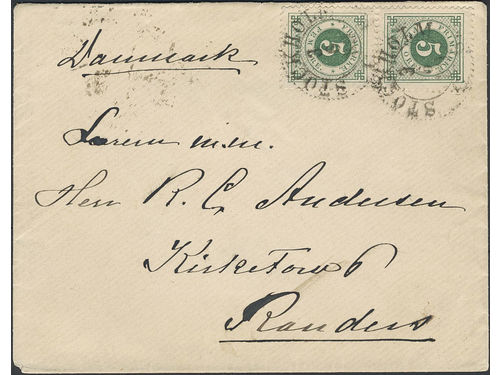 Sweden. Facit 43 on cover, 2×5 öre (pair) on cover sent from STOCKHOLM 3.6.89 to Denmark. Transit PKXP No 62 4.6.1889 and arrival pmk RANDERS 1.POST 5.6.