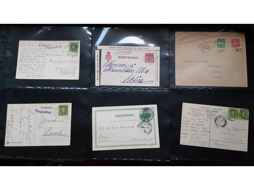 Sweden. Cancellations, collection FOREIGN PMKS on covers and postcards on visir leaves. British, Danish, Finnish and German cancellations. All are from the Oscar II period, except for one cover cancelled in BERLIN in 1923. (19)