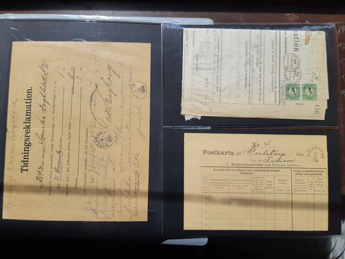 Sweden. Cancellations, collection SMÅLAND in three albums. Postal forms incl. many receipts for registered and insured mail, etc., plus address cards, money orders, one newspaper complaint form and more. Nice offer. Somewhat mixed quality. Approx. 5 kg. (260)