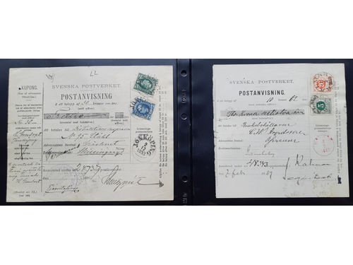 Sweden. Cancellations, collection SMÅLAND on leaves and in album. Postal money orders, mostly franked with F43+46 sent from F/G/H-counties, but also some incoming ones. A few with coupons and also a few with coloured cancellations. Somewhat mixed quality. (72)