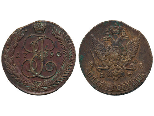 Coins, Russia. Catherine II, KM C#59.2, 5 kopeks 1790. 52.82 g, AM. VF-XF.
