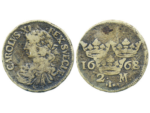 Coins, Sweden. Karl XI, SM 121b var, 2 mark 1668. 8.88 g. Contemporary forgery in copper. Insteresting study item! 1?/1.