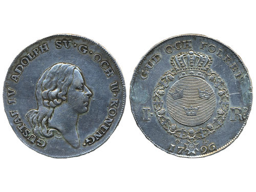 Coins, Sweden. Gustav IV Adolf, SM 25, 1 riksdaler 1796. 29.08 g. Stockholm. Scarce variety with lines inside crown. Cleaned, has been brooch mounted. SMB 24. 1+.