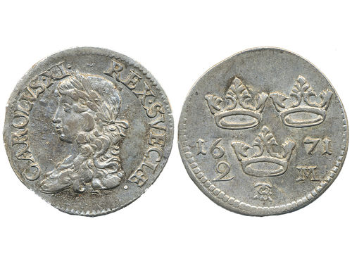 Coins, Sweden. Karl XI, SM 126a, 2 mark 1671. 10.64 g. Stockholm. Planchet flaws, obverse slightly corroded. SMB 192. 1+/01.