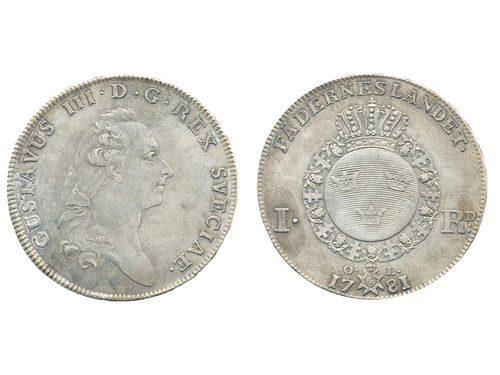 Coins, Sweden. Gustav III, SM 47a var, 1 riksdaler 1781. 29.10 g. Stockholm. Variety with portrait type of 1781, which is quite scarce on this date. SMB 19. 1+.