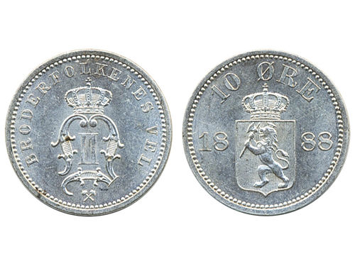 Coins, Norway. Oskar II, NM 86, 10 øre 1888. 01/0.