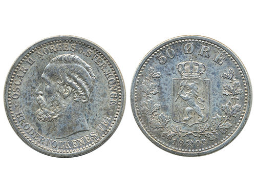Coins, Norway. Oskar II, NM 68, 50 øre 1904. Attractive example with light toning. 01.