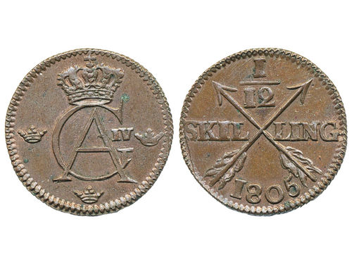 Coins, Sweden. Gustav IV Adolf, SM 65, 1/12 skilling 1805. 2.28 g. Avesta. SMB 101. 01/0.