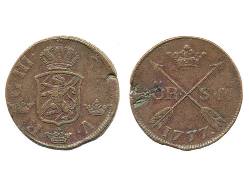 Coins, Sweden. Gustav III, SM 102b, 2 öre SM 1777. 29.11 g. Avesta. Small date. Planchet flaw. SMB 116. 1+.