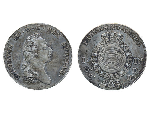 Coins, Sweden. Gustav III, SM 44, 1 riksdaler (3 daler silvermynt) 1777. 29.38 g. Stockholm. Scratches in obverse field behind bust. SMB 14. 1/1+.