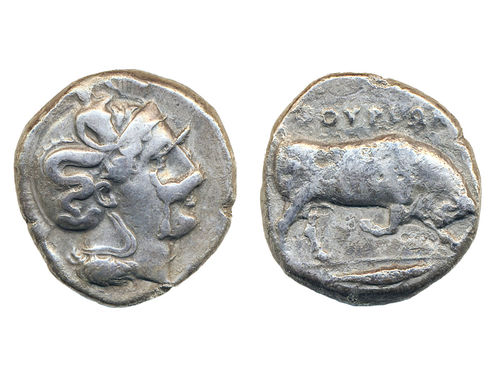Coins, Ancient, Greek coins, Lucania, Thurium. 15.11 g. Distater ca. 400–350 B.C. Obv: Head of Athena right, wearing crested Attic helmet decorated with Scylla. Rev: Bull butting right and inscription in Greek THOURION above. HN Italy 1805. F-VF.