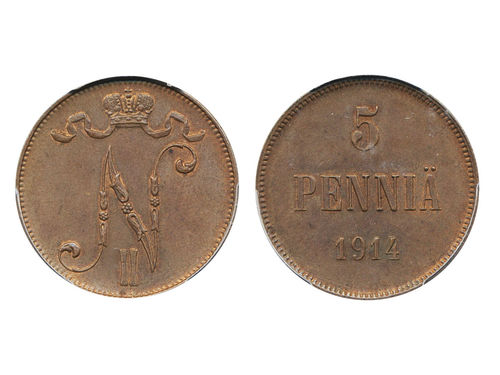 Coins, Finland. Nicholas II, KM 14, 5 penniä 1914. Hints of red lustre in perephiery. Graded by PCGS as MS62 BN. 01.