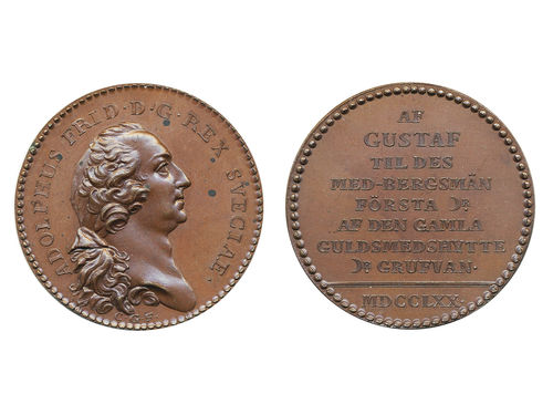 Medals, regal, Sweden. Adolf Fredrik, Hild. 49 var, Adolf Fredrik, bronze medal, 37 mm, 18.96 g. Obv. Bust of King facing right, by C.G. Fehrman. Rev: AF GUSTAF TIL DES MED-BERGSMÄN FÖRSTA AF DEN GAMLA GULDSMEDSHYTTE GRUFVAN, dated 1770. Note that the obverse is that of Hild 43b. Insignificant small black spots on obverse. Lustrous and scarce.  .