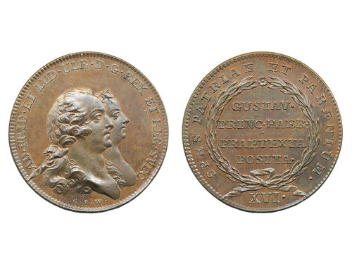 Medals, regal, Sweden. Adolf Fredrik, Hild. 34a, Adolf Fredrik, bronze medal 35 mm, 12.60 g. Obv: Busts of King and Queen facing right, engraved by C J Wikman. Rev: SPES PATRIAE ET PARENTUM around wreath, by D Fehrman. Issued to commemorate that Crown Prince Gustaf is declared of age 5 April 1762. Lustrous example with superb appearance. 01/0.