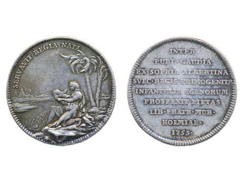 Medals, regal, Sweden. Adolf Fredrik, Hild. 1, Adolf Fredrik, silver medal, 35 mm, 14.07 g. Obv: SERVAVIT REGIA NATA above female seated with infant under palm trees at river. Rev: Text in 9 lines and dated 1753. Engraved by D. Fehrman. Medal issued for inaguration of Children's home to commemorate the Birth of Princess Sophia Albertina. Hild 1, page 310. 1+)(1+/01.