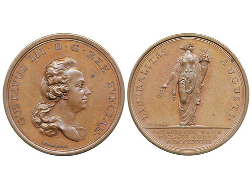Medals, regal, Sweden. Gustav III, Hild. 28, Gustav III, bronze medal, 42 mm, 33.37 g. Obv: Bust of King facing right, by Ljungberger. Rev: LIBERALITAS AUGUSTI above standing female. Issued to show that support for famine in the year of 1773 is coming. A couple of small spots, else lustrous. 01/0.