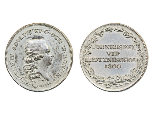 Medals, regal, Sweden. Gustav IV Adolf, Hild. 23, Gustav IV Adolf, white metal medal, 32 mm, 11.32 g. Obv: Bust facing right, by C.G. Fehrman. Rev: TORNERSPEL VID DROTTNINGHOLM 1800 within wreath, by L.D. Lunderberg. 01.