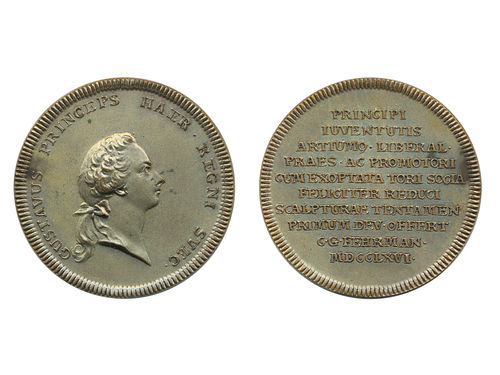 Medals, regal, Sweden. Gustav III, Hild. 7, Gustav III, bronze medal, 36 mm, 17.94 g. Obv: Crown Prince Gustav Adolf facing right. Rev: 10 rows of text in latin and date 1766. Issued to commemorate the wedding of The Prince and Sophia Magdalena. Later strike. 01/0.
