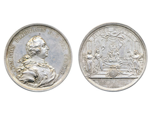 Medals, regal, Sweden. Adolf Fredrik, Hild. 20, Adolf Fredrik, silver medal, 52 mm, 66.32 g. Obv: Bust of King facing right, engraver signature D.F. Rev: FIDES MUTUA above coronation view from church. Issued to commemorate the coronation of King Adolf Fredrik 26 March 1751. Some contact marks and a small scratch on obverse. Note that the portrait is slightly different to that of consecutive lot. Hildebrand does note in his comments that there are minor engraving differences on this medal. 01.