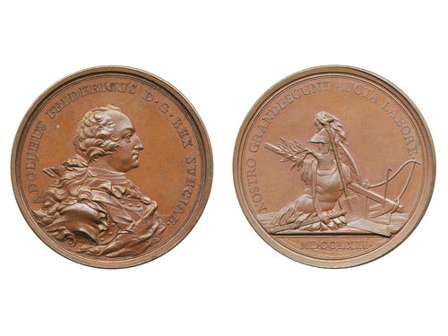 Medals, regal, Sweden. Adolf Fredrik, Hild. 35, Adolf Fredrik, bronze medal, 52 mm, 62.45 g. Obv: Bust of King facing right. Rev: NOSTRO GRANDESCUNT AUCTA LABORE around group of weapons and tools. Issued to commemorate a party given at 14 May 1762 by the King and Queen, whereby they also shown the new factories in Kanton. Superb example with full lustre, a couple of minor spots. 01/0.