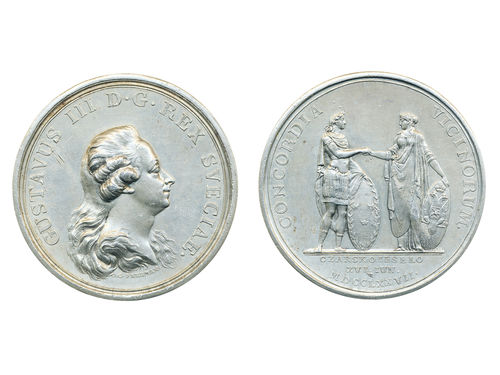 Medals, regal, Sweden. Gustav III, Hild. 40, Gustav III, white metal medal, 56 mm, 56.30 g. Obv: Bust of King facing right, by C.G. Fehrman. Rev: CONCORDIA VICINORUM around King Gustaf and Czar Elisabeth with Coat-of-Arms of Sweden and Russia on respective shield. Issued to commemorate the visit of Gustaf to Russia in 1777. Some contact marks and light scratches. 1+/01.
