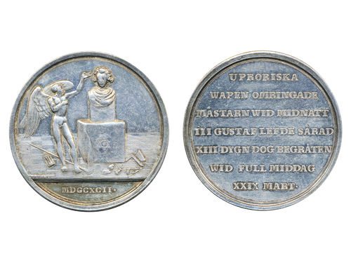 Medals, regal, Sweden. Gustav III, Hild. 95, Gustav III, silver medal, 52 mm, 64.21 g. Obv: King's bust on piedestal, naked male with wings standing on left. Rev: 7 lines of text in Swedish regarding King's Death. Issued to commemorate and honor the king's Death, by (C.G.) Fehrman. Cleaned. 1+.