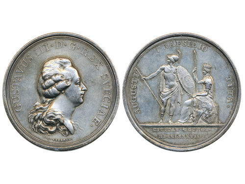Medals, regal, Sweden. Gustav III, Hild. 72, Gustav III, silver medal, 57 mm, 68.28 g. Obv: Bust of King facing right, by C.G. Fehrman. Rev: AUGUSTI PRAESIDIO TUTA above standing King and seated Queen. Issued to celebrate the King's success in defending Gothenburg from Danish troops in October 1788. Tooled both obverse and reverse. 1+/01.