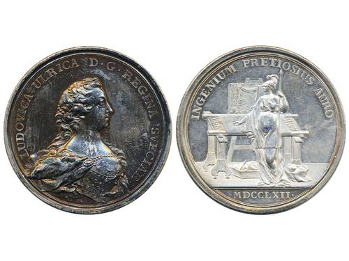 Medals, regal, Sweden. Adolf Fredrik, Hild. 8, Adolf Fredrik, silver medal, 51 mm, 62.56 g. Issued to commemorate the Factories in Kanton by Drottningholm that the King and Queen had built. Obv: Bust of Queen facing right. Rev: INGENIUM PRETIOSIUS AURO above standing Minerva and date 1762 in Roman numerals. Beautifully toned obverse, lightly cleaned on reverse. Hild. II, p.129. 01.