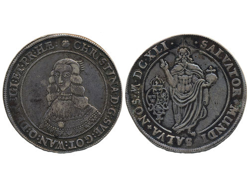 Coins, Sweden. Kristina, SM 13a, 1 riksdaler 1641. 28.22 g. Stockholm. Scratches on reverse. SMB 17. 1/1+.