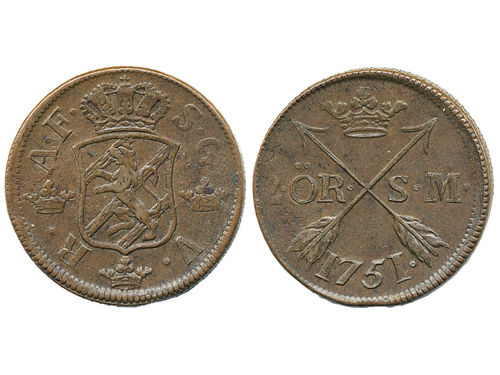 Coins, Sweden. Adolf Fredrik, SM 172, 2 öre SM 1751. 29.46 g. Avesta. Small crown, large arrowheads. SMB 158. 1+/01.