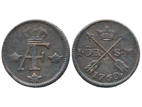 Coins, Sweden. Adolf Fredrik, SM 181, 1 öre SM 1760. 13.85 g. Avesta. 1760 on 1752. Partly weakly struck. 1/1+.