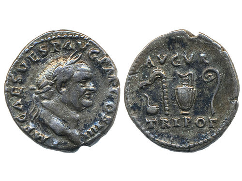 Coins, Ancient, Roman Empire. Vespasian (69–79). Denarius, 2.91 g. Laureate head right/AVGVR TRI POT. Planchet cracks. Sear 2282. VF.