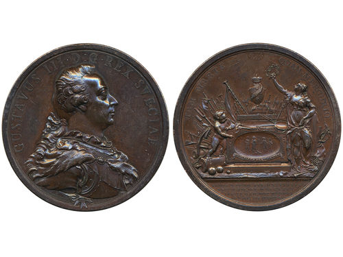 Medals, regal, Sweden. Gustav III, Hild. 98, Bronze medal, 56 mm, 74.80 g. Issued to the Death of King Gustav. Obverse: King facing right, by C H Küchler. Reverse: TAM MARTE QUAM MERCURIO around shrine with urn, engraver signature C H K. Lustrous and attractive example. 01/0.