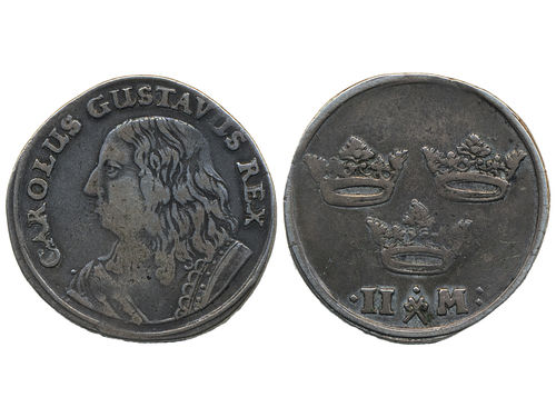 Coins, Sweden. Karl X Gustav, SM 16, 2 mark ND. 10.50 g. Stockholm. Grafitti in reverse field. SMB 8. 1/1+.