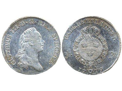 Coins, Sweden. Gustav III, SM 63, 1/3 riksdaler 1779. 9.73 g. Stockholm. Minor adjustment marks. R. SMB 45. 01.