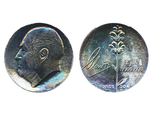 Coins, Norway. Olav V, KM 424, 50 kroner 1978. Superb example with rainbow toning. Graded by PCGS as MS67. 0.