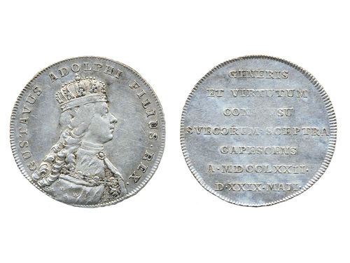Coins, Sweden. Gustav III, SM 97a, 1/3 riksdaler 1772. 9.75 g. Stockholm. Largesse money for the King´s coronation. Sign. F. SMB 97c. 1/1+.